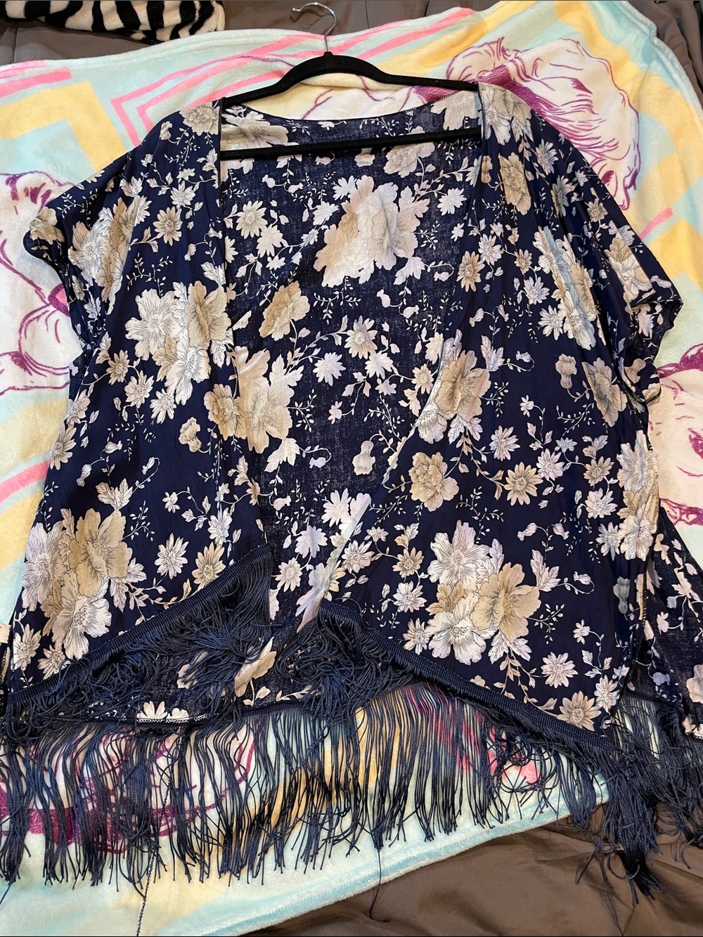 Fashion Nova Navy Floral Fringe Kimono